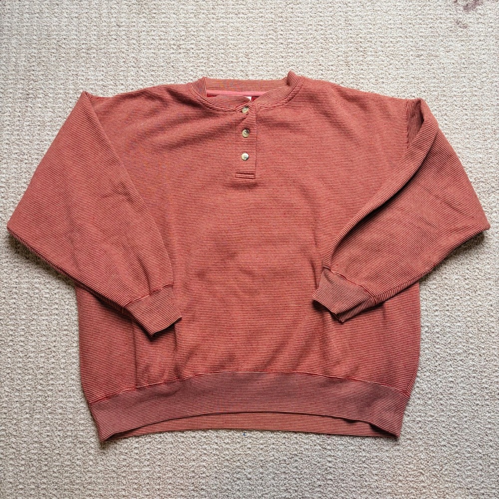 Nutmeg Mills Mens XL Red Striped Henley Sweatshirt Long Sleeve Pullover Fleece